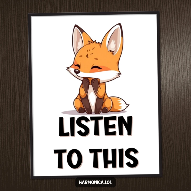 Funny poster art of a curious fox tilting its head while playing a harmonica, capturing a moment of musical delight.