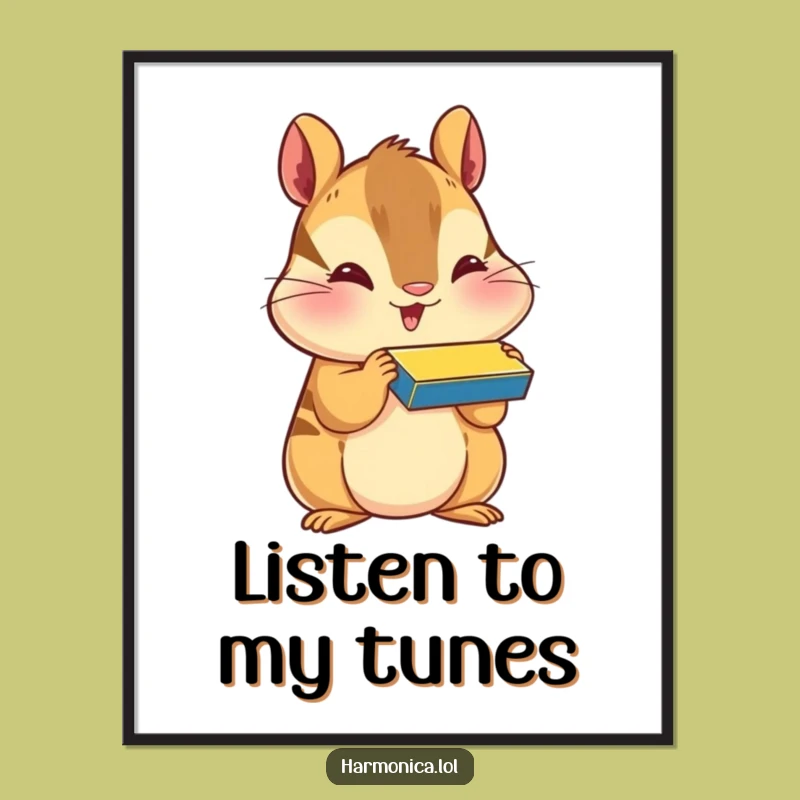 Funny Happy Chipmunk Harmonica Poster - Whimsical Wall Art Decor