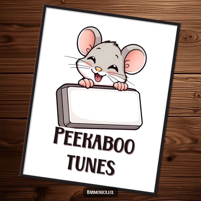 Funny poster art of a giggling mouse peeking from behind a harmonica, capturing a moment of playful secrecy.