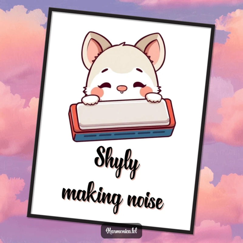 Funny poster: A shy creature peeks from behind a harmonica, nose twitching with playful curiosity, creating a heartwarming and humorous scene.