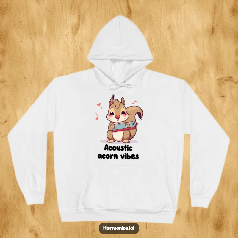 Funny squirrel hoodie depicting a happy squirrel playing harmonica, bringing musical cheer and warmth, a cozy and funny gift.