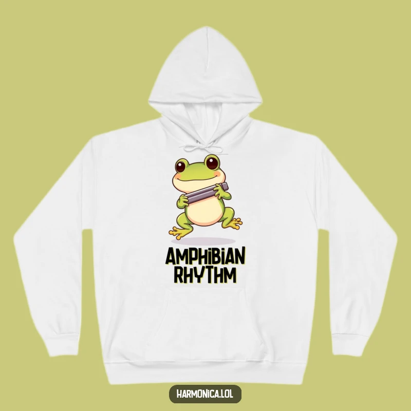 Cozy Funny Cheerful Frog Harmonica Hoodie: Musical Hop, Warm Comfort Gift
