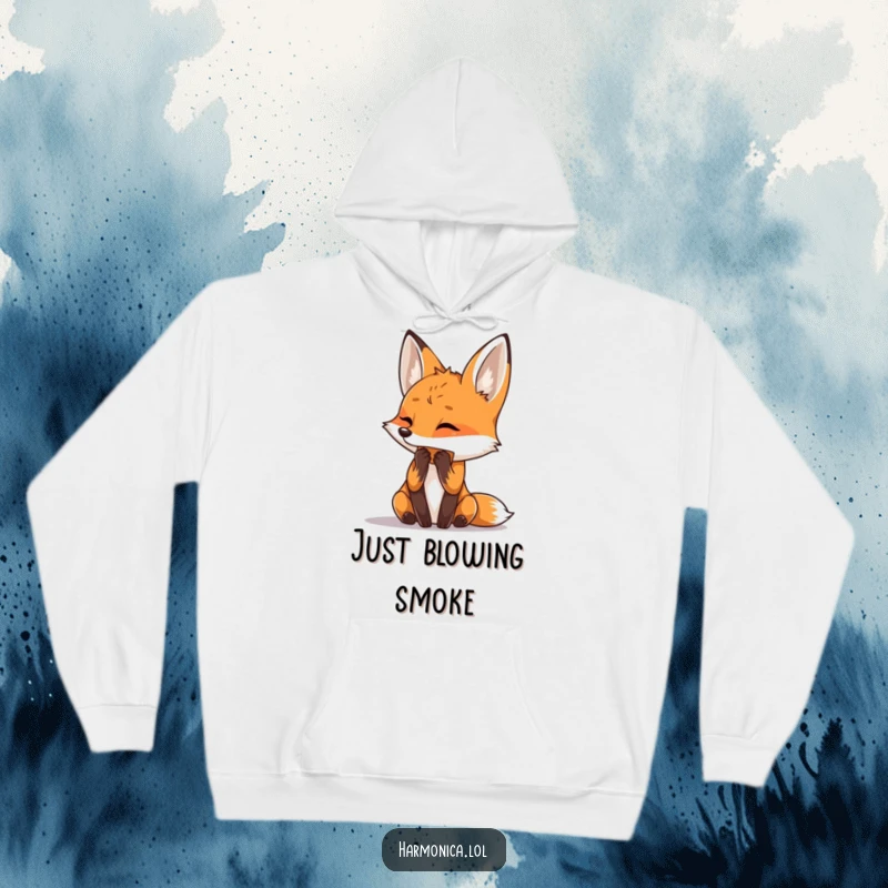 Funny hoodie featuring a curious fox playing a harmonica, head tilted in concentration, perfect comfy wear.