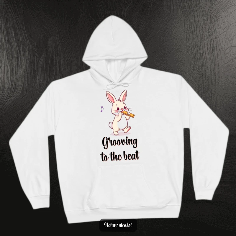 Funny bunny harmonica hoodie depicting a bouncy rabbit tapping its foot to music, offering cozy comfort and rhythmic cheer, a warm funny gift.