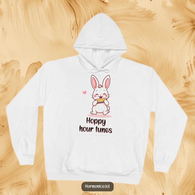 Funny hoodie depicting a cheerful rabbit hopping and smiling while playing a harmonica, perfect for cozy joyful moments.
