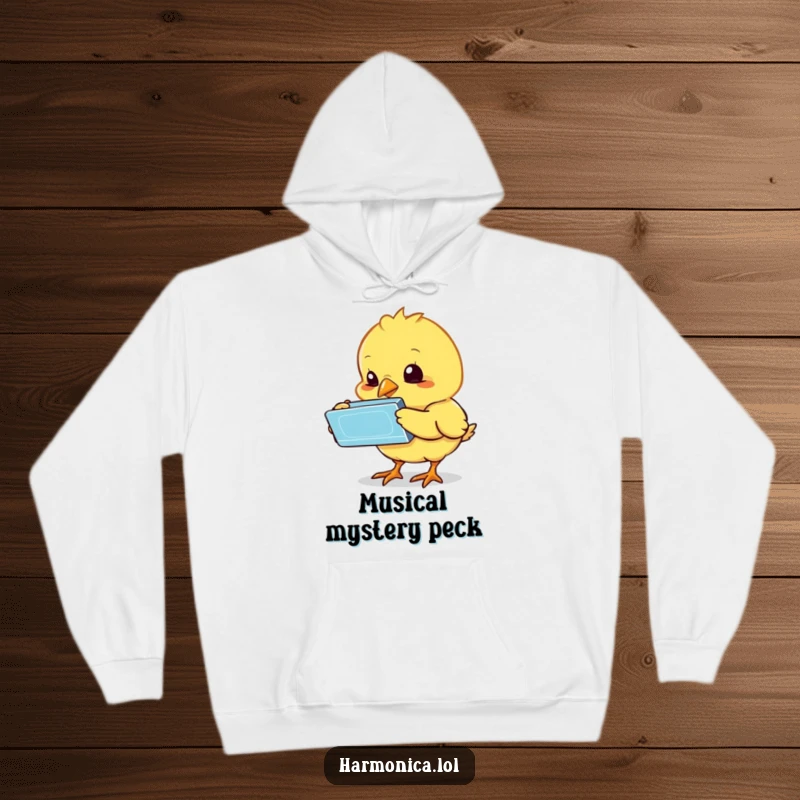 Funny chick harmonica hoodie featuring a bewildered chick exploring a harmonica, offering cozy comfort and a dash of silly humor, a warm funny gift.
