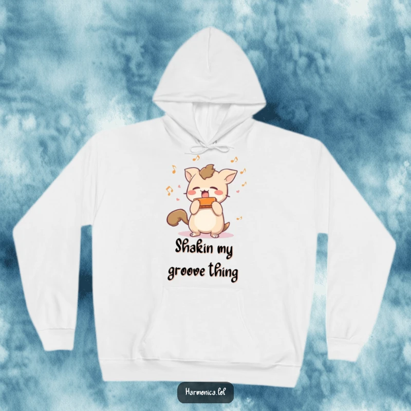 Funny hoodie: A short-tailed creature vigorously shakes a harmonica, scattering musical notes, depicting ecstatic musical expression.