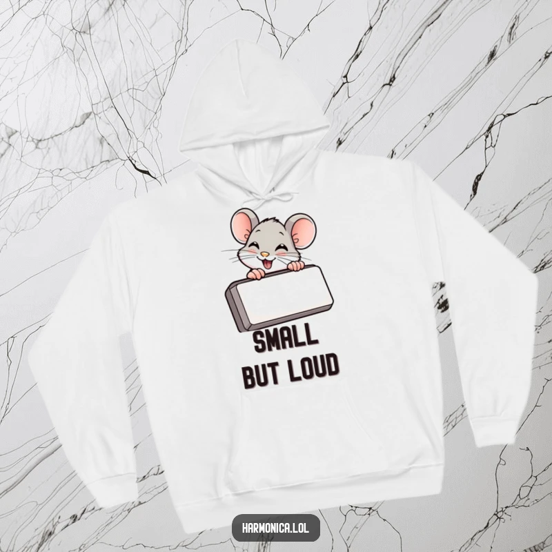 Funny hoodie with a giggling mouse peeking from behind a harmonica, designed for ultimate comfort and cozy giggles.