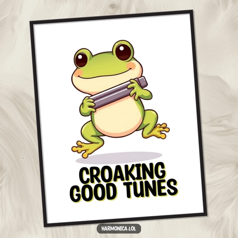Funny Free Printable Wall Art: A cheerful frog joyfully hopping with a harmonica held between its front legs.