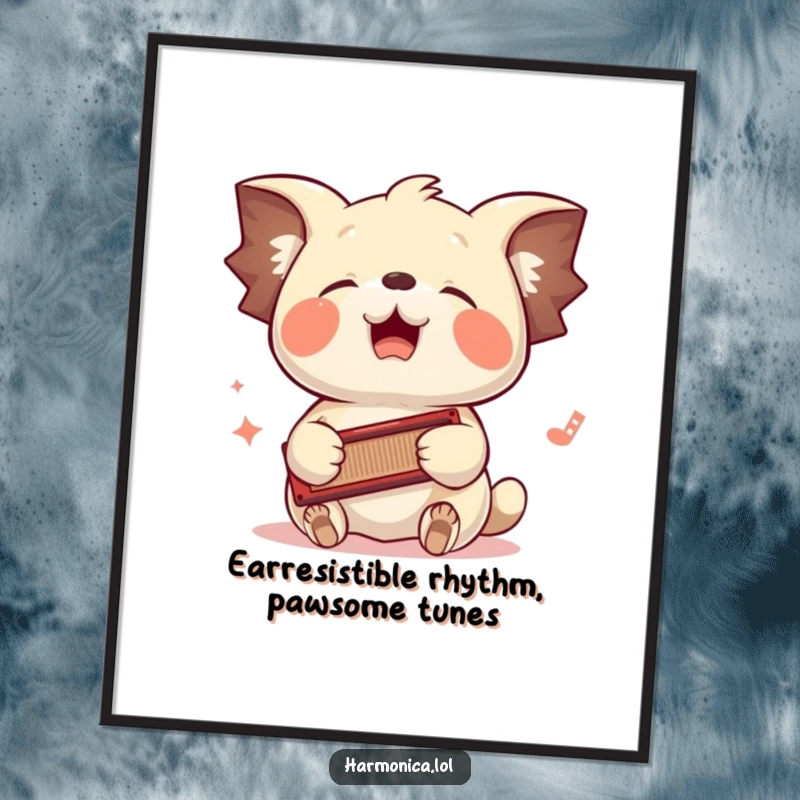 Funny Free Printable Wall Art: Floppy eared creature happily bouncing head to harmonica music, radiating joy and rhythm.