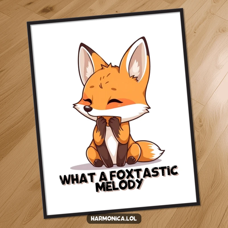 Funny Free Printable Wall Art: Curious fox tilting head, masterfully playing a harmonica with musical notes creating a vibrant, playful vibe.