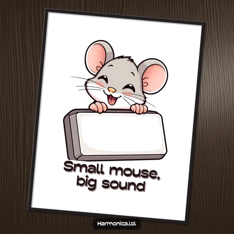 Funny Free Printable Wall Art: Giggling mouse peeking with delight from behind a harmonica, creating a whimsical and charming scene.