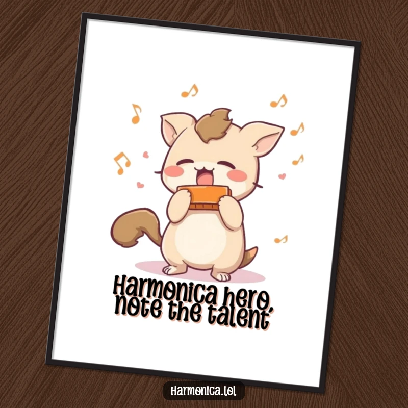 Funny Free Printable Wall Art: Short-tailed creature energetically shaking a harmonica, scattering playful musical notes, vibrant and cheerful.