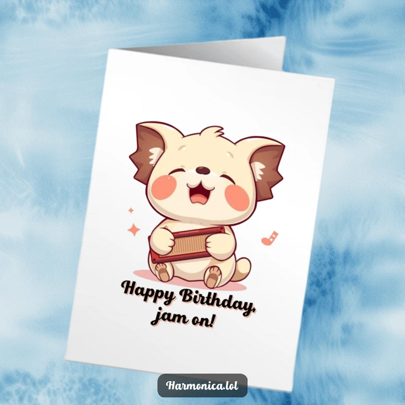 Funny Free Printable Birthday Card: Floppy eared creature happily bouncing head to harmonica music, a rhythmic celebration.