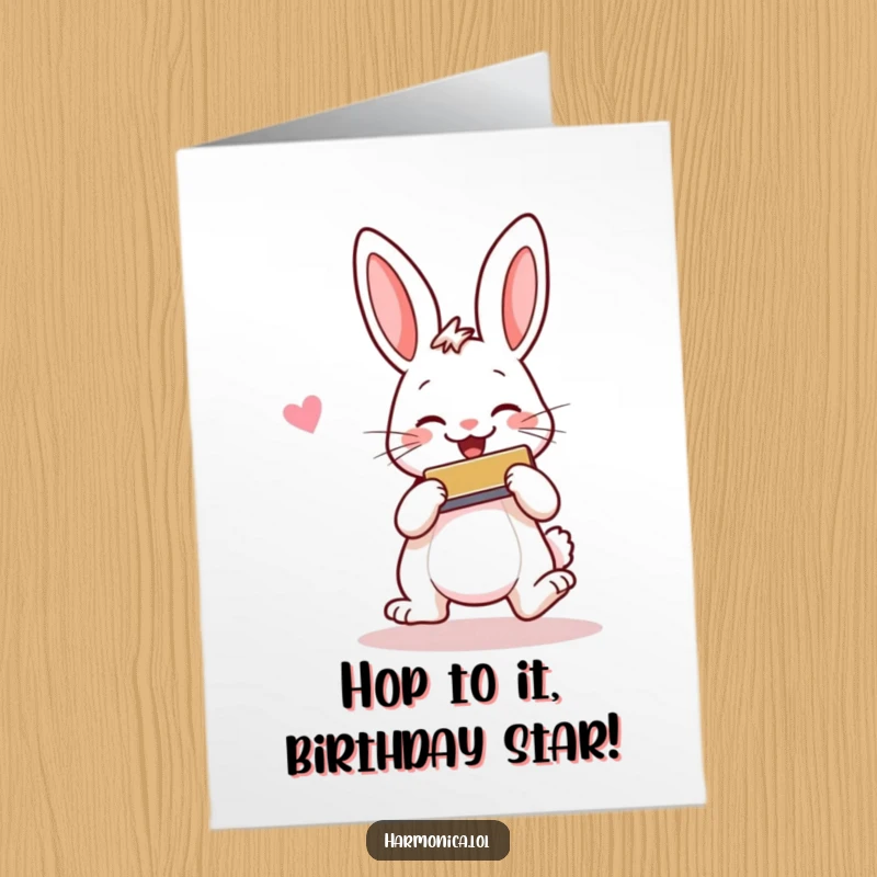 Funny Free Printable Birthday Card: A cheerful rabbit hops, playing a harmonica with a big smile, sending happy birthday tunes.