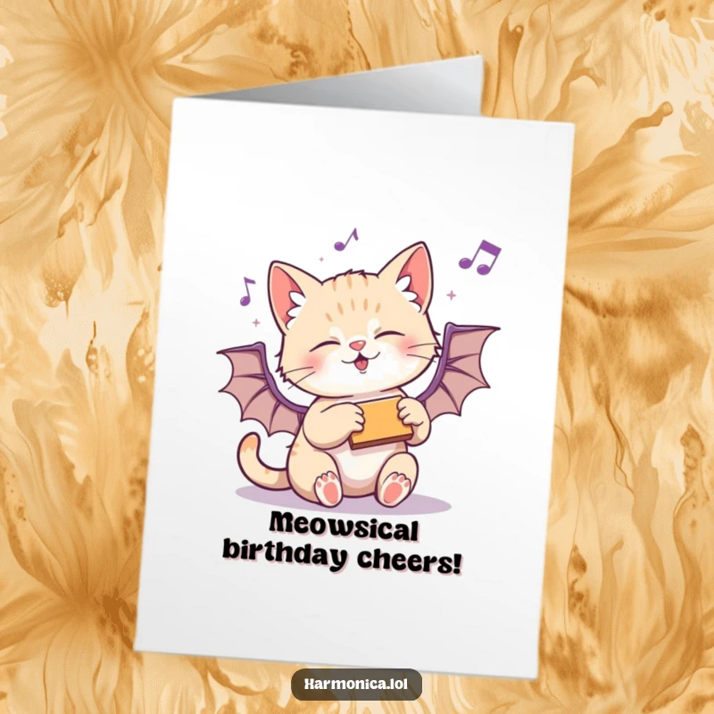 Funny Free Printable Birthday Card: Playful kitten enthusiastically batting at a harmonica, musical notes scattering like playful toys.