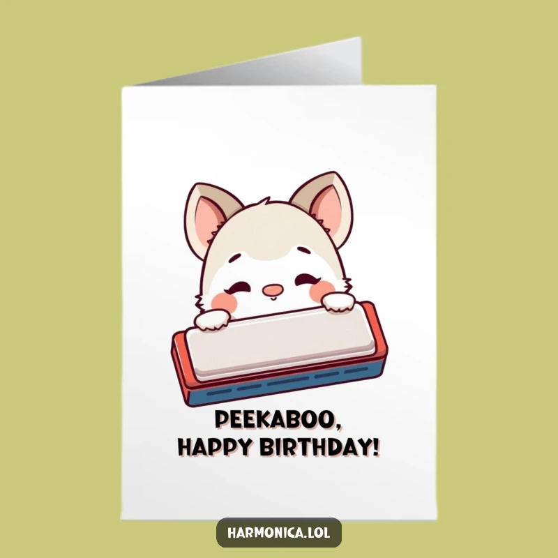 Free Printable Birthday Card: Shy Creature Peeking From Harmonica - Cute & Funny Gift