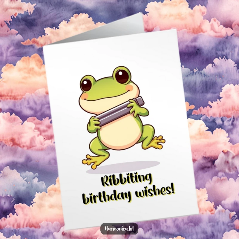 Funny Free Printable Birthday Card: A happy frog hopping around with a harmonica held between its front legs.