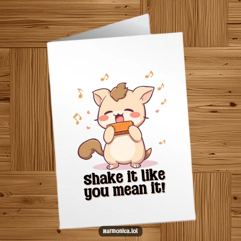 Funny Free Printable Birthday Card: Short-tailed creature excitedly shaking a harmonica, scattering musical notes, pure musical chaos.