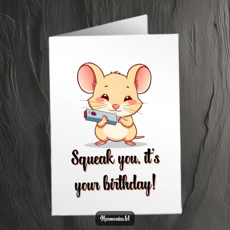 Funny Free Printable Birthday Card: A tiny, determined mouse blowing hard into a miniature harmonica, ready to celebrate.