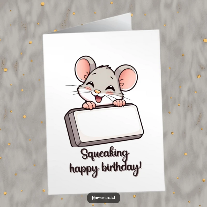 Funny Free Printable Birthday Card: Giggling mouse peeking mischievously from behind a harmonica, ready to blow out the candles.