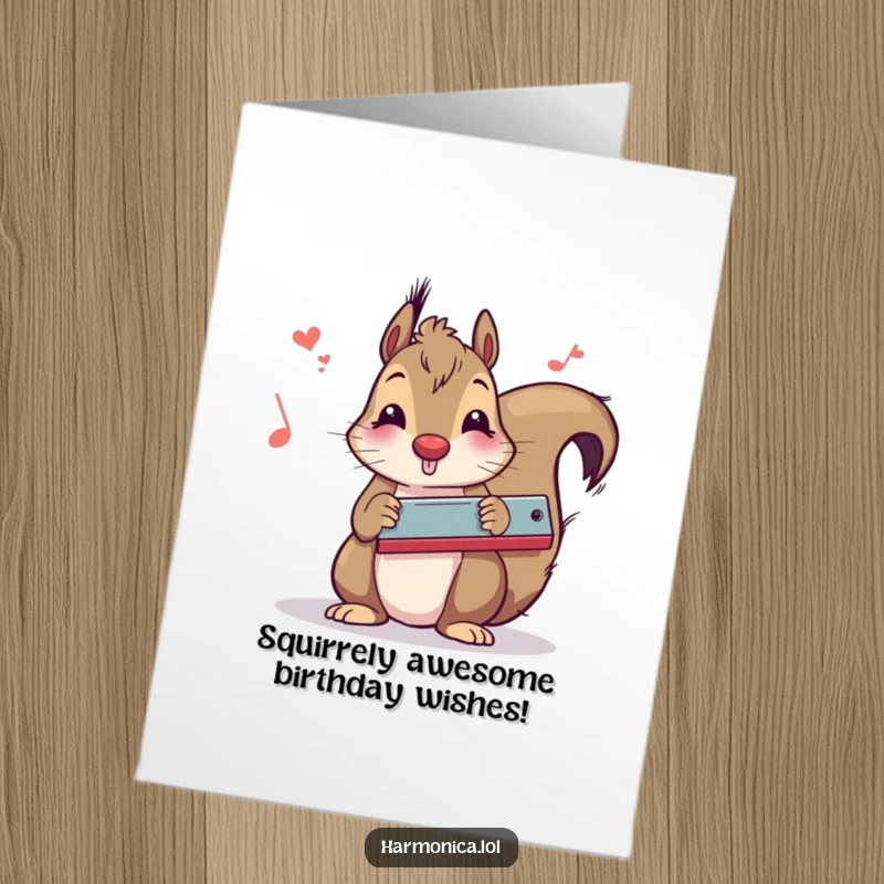 Funny Free Printable Birthday Card: A squirrel enthusiastically plays a harmonica, looking like a tiny, furry rockstar.