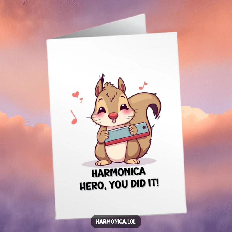 Funny Free Printable Congrats Card: A squirrel blows into a harmonica with musical notes floating around its head.