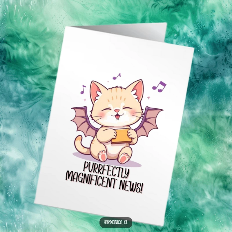 Funny Free Printable Congratulations Card: Playful kitten hitting a harmonica with abandon, musical notes flying around in a chaotic, joyous display.