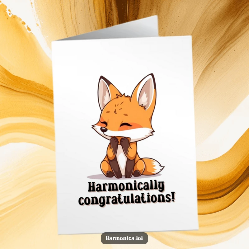 Funny Free Printable Congratulations Card: Curious fox playing harmonica, celebrating achievements with joyful musical notes flying high.
