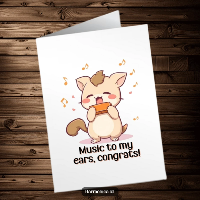Funny Free Printable Congratulations Card: Short-tailed creature happily shaking a harmonica, musical notes flying, celebrating a win.