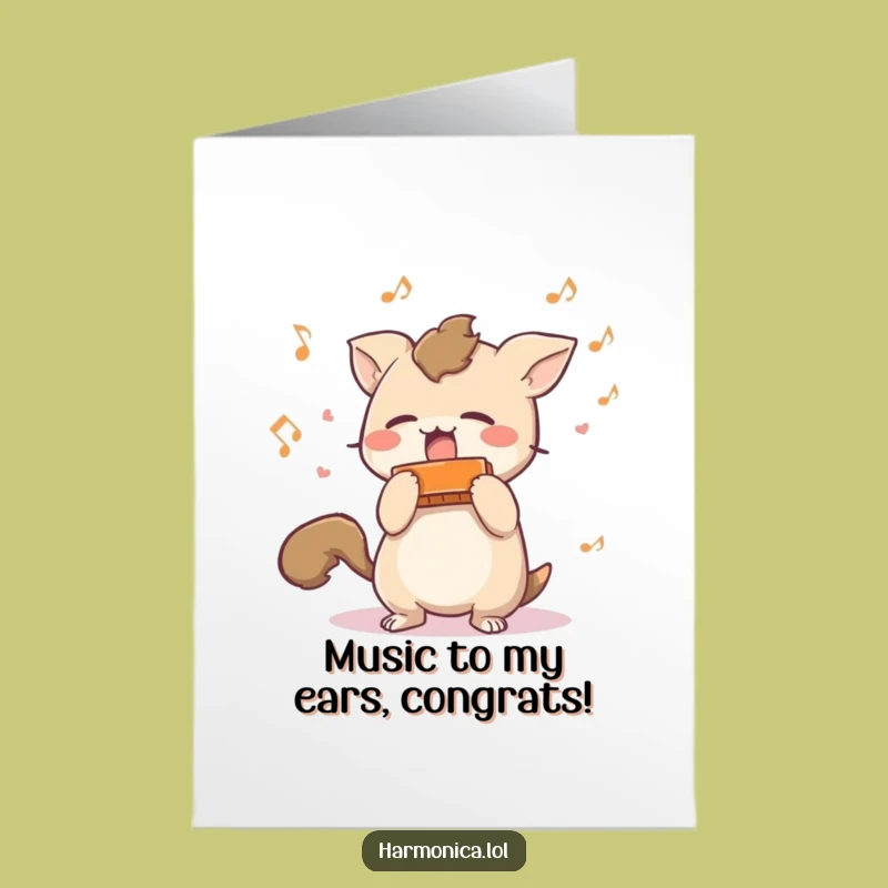 Free Printable Congrats Card: Funny Harmonica Creature Celebrating Musical Triumph Downloadable