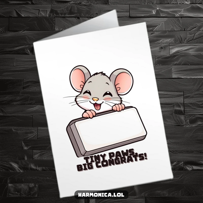 Funny Free Printable Congratulations Card: Giggling mouse peeking shyly from behind a harmonica, celebrating a momentous occasion.