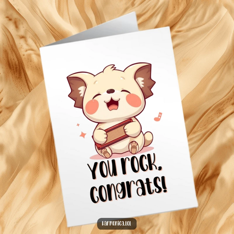 Funny Free Printable Congratulations Card: Floppy eared creature joyfully bouncing head to harmonica rhythm, celebrating success.