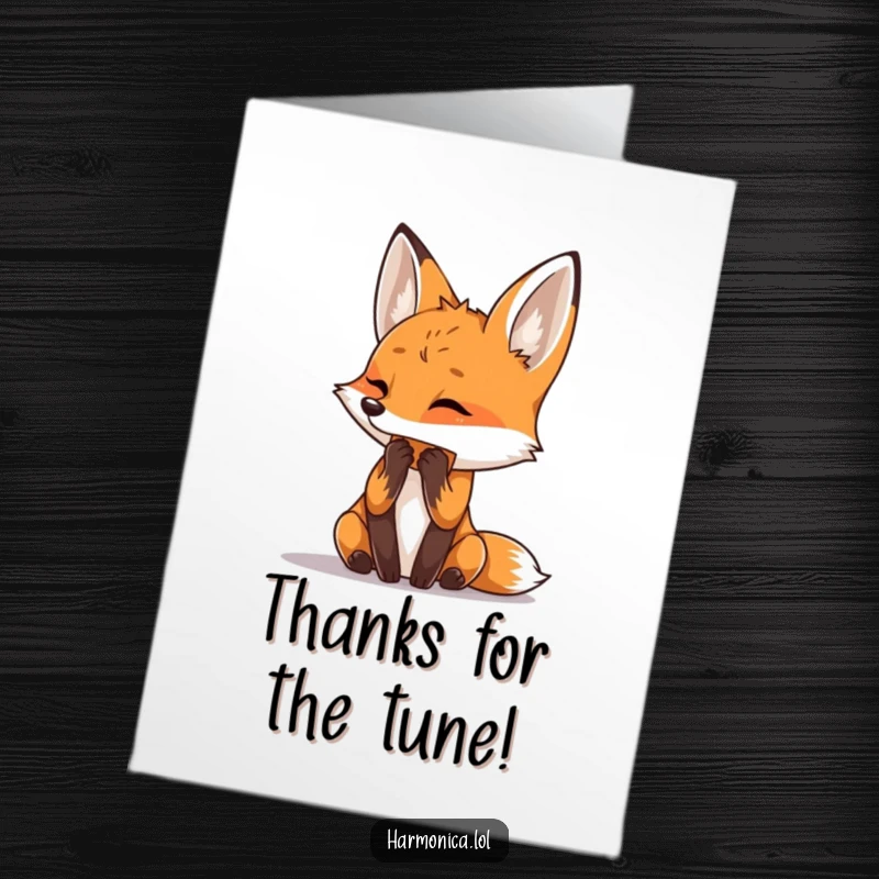 Funny Free Printable Thank You Card: Curious fox playing harmonica, sending musical thanks with a tilted head and happy expression.