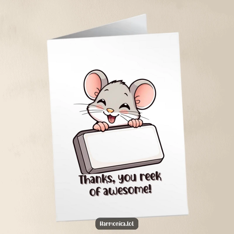 Funny Free Printable Thank You Card: Giggling mouse peeking from behind a harmonica, offering a small, sweet gesture of thanks.