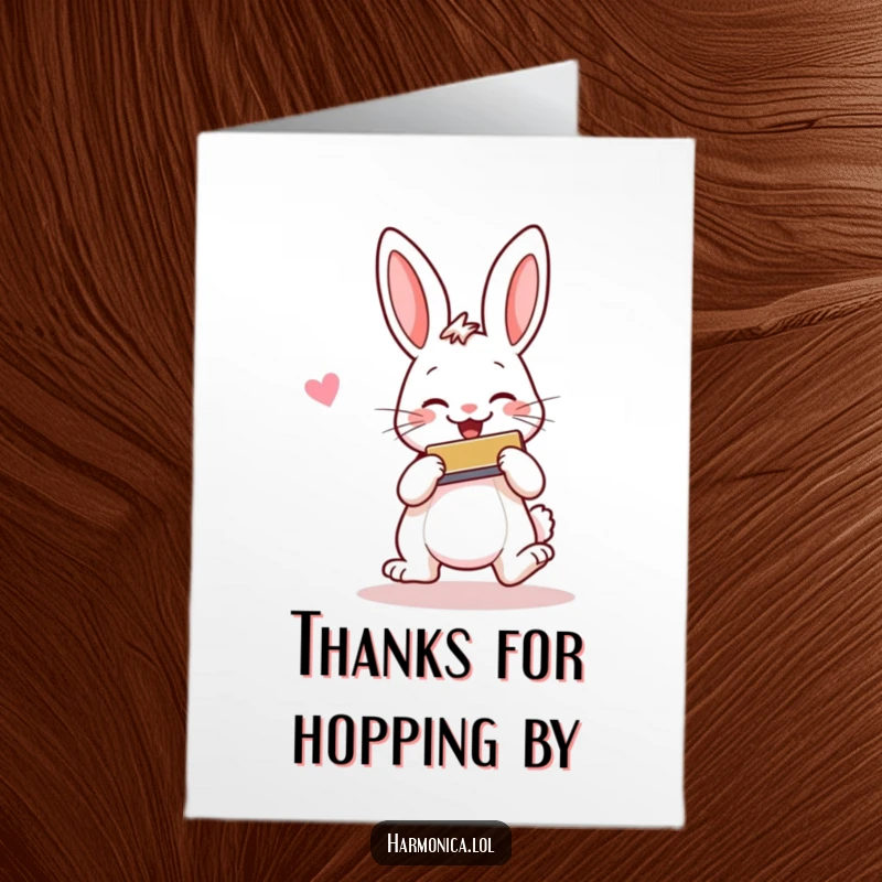 Funny Free Printable Thank You Card: A cheerful rabbit hops, playing a harmonica with a smile, sharing thanks with a musical flourish.