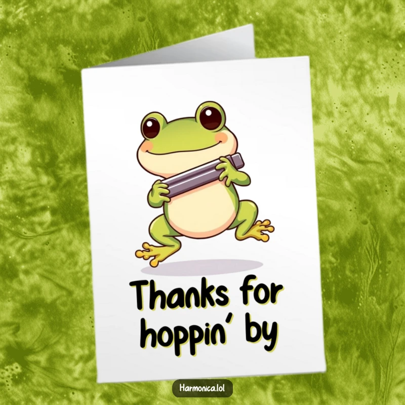 Funny Free Printable Thank You Card: A happy frog hopping with a harmonica, offering warm thanks.