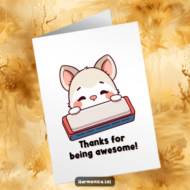 Funny Free Printable Thank You Card: Shy creature peeks from behind a harmonica, nose twitching, a curious and cute thank you.