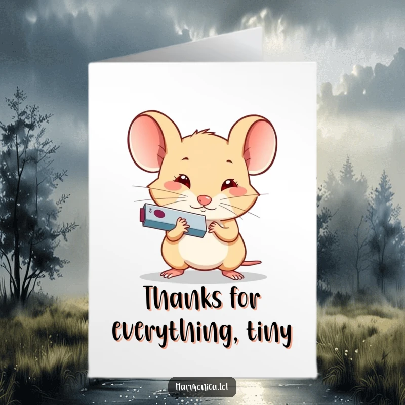 Funny Free Printable Thank You Card: A small mouse passionately playing a tiny harmonica, conveying sincere thanks.