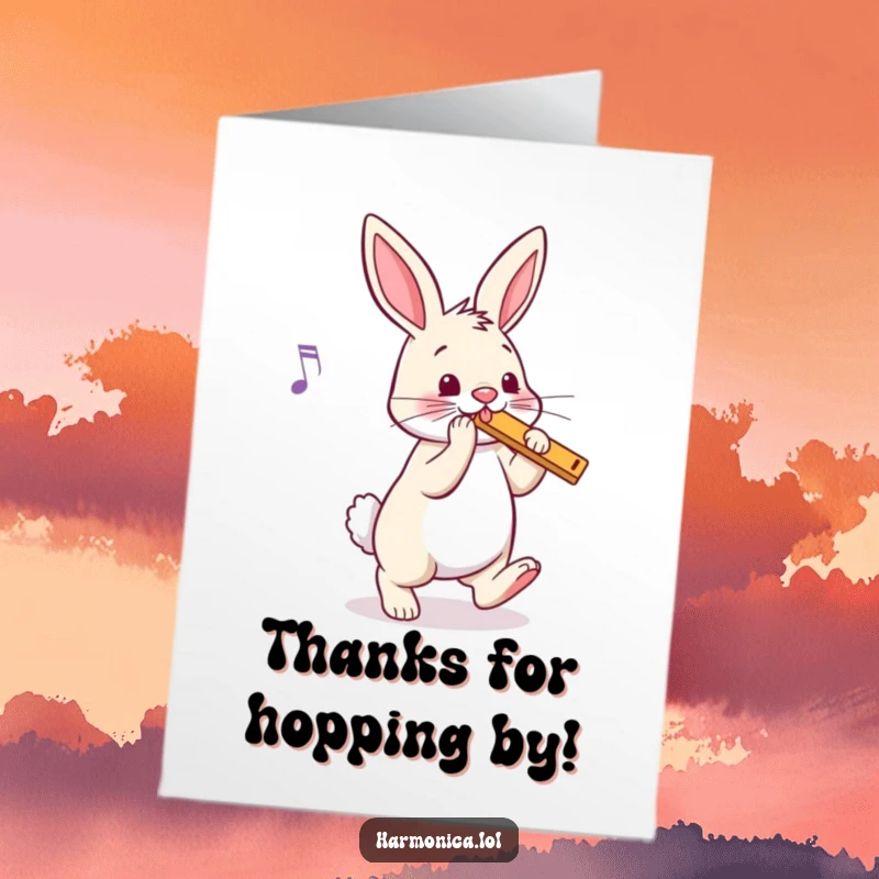 Funny Free Printable Thank You Card: A cheerful bunny taps its foot to a hidden harmonica tune, showing happy appreciation.