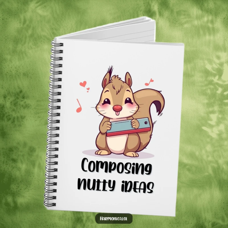 Funny squirrel harmonica notebook for writing down notes and ideas, featuring a charming musical squirrel, a great funny gift for creatives.