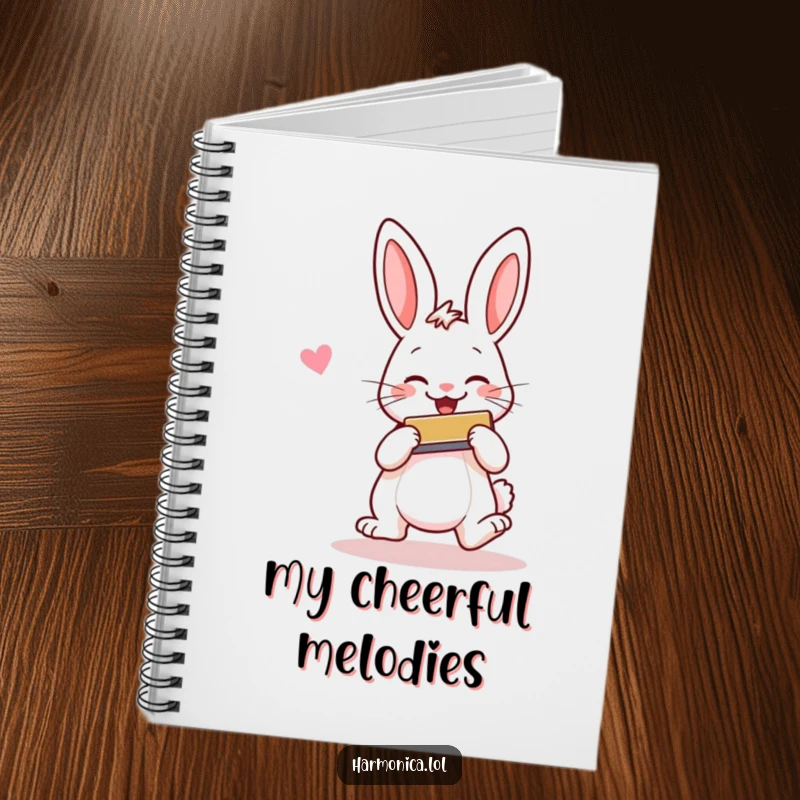 Funny notebook with a cheerful rabbit hopping and smiling while playing a harmonica, ideal for music notes and creative writing.
