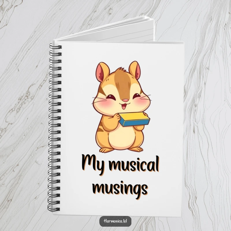 Funny notebook with a happy chipmunk, puffed cheeks, playing a harmonica, ideal for music notes and creative writing.