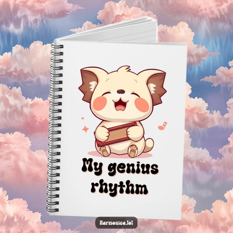 Funny notebook: A floppy-eared creature bounces its head to a harmonica played with its paws, perfect for musical note-taking.