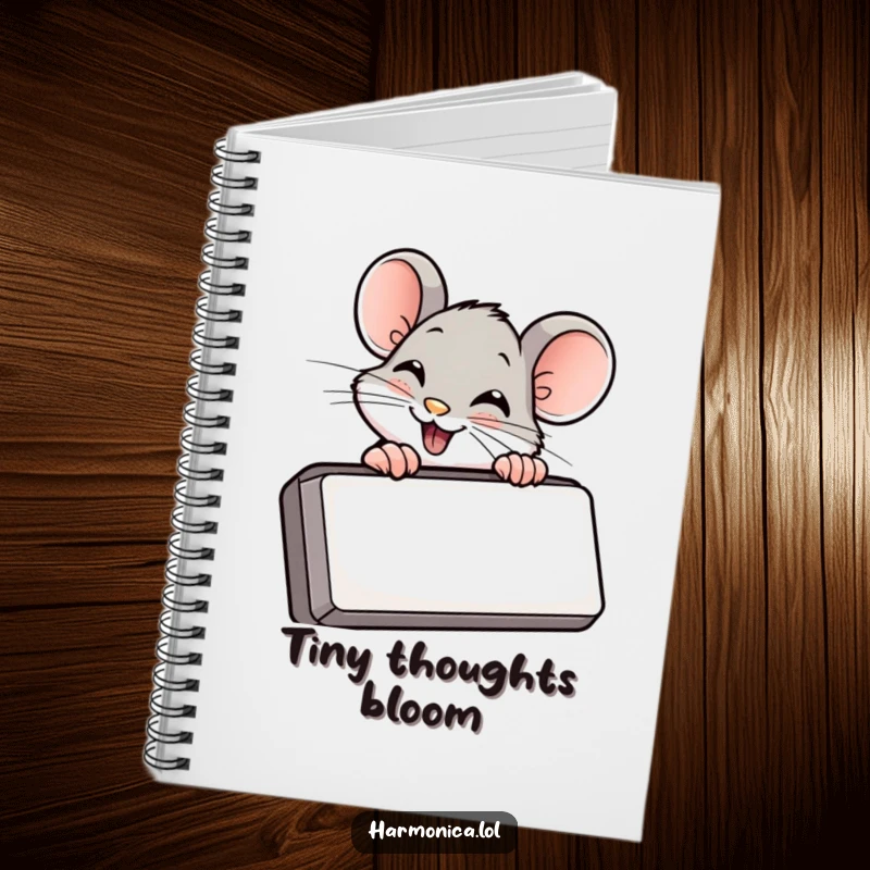 Funny notebook with a giggling mouse peeking from behind a harmonica, great for jotting down ideas and musical secrets.