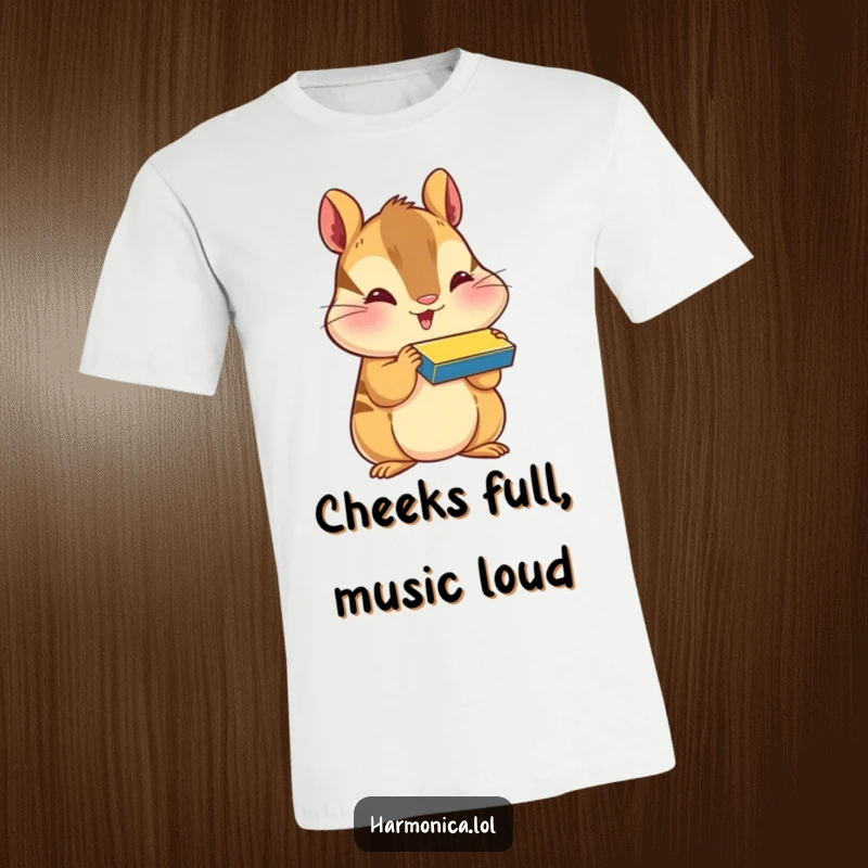 Funny t-shirt featuring a happy chipmunk with puffed cheeks, playing a harmonica, perfect for music lovers and chipmunk fans.