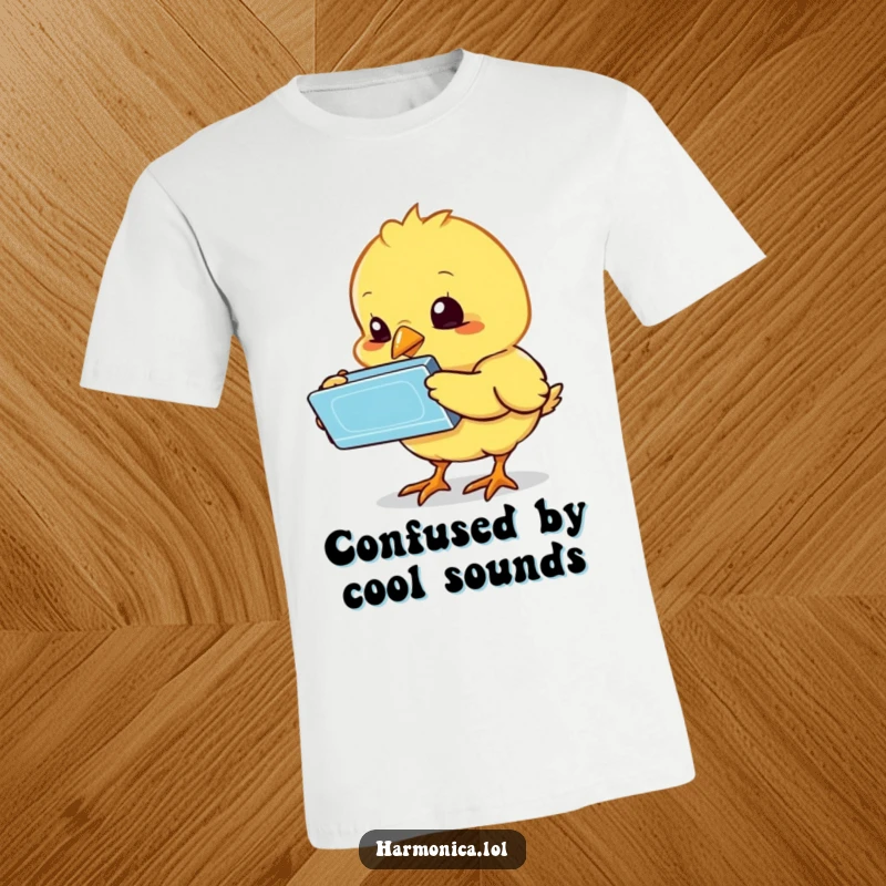 Funny chick t-shirt showing a bewildered chick investigating a shiny harmonica, capturing a moment of cute confusion, a hilarious funny gift.