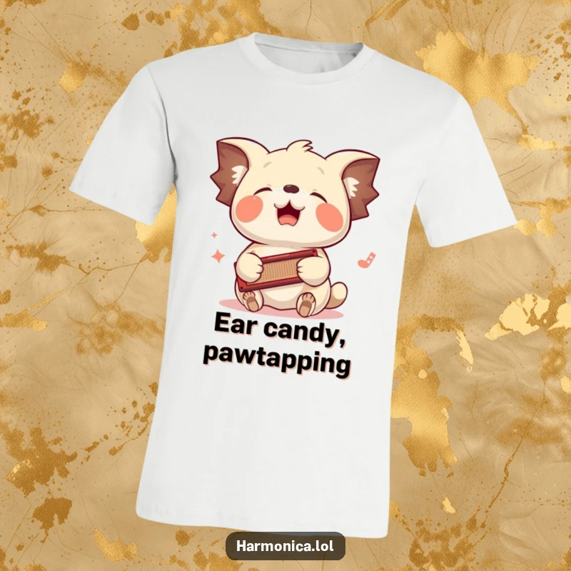 Funny t-shirt: A floppy-eared creature bounces its head rhythmically to a harmonica played by its paws, embodying musical bliss.