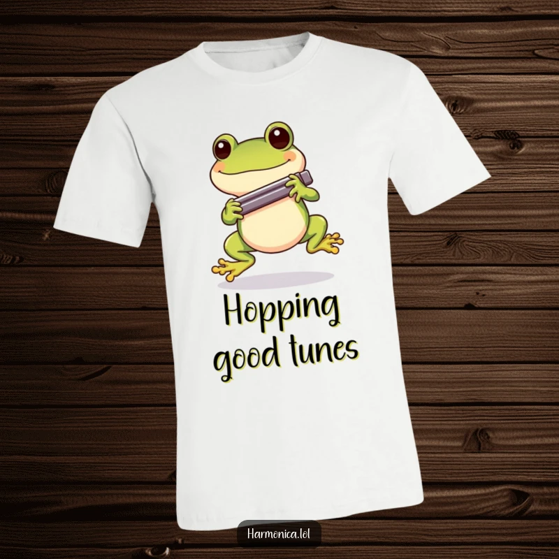 Funny Cheerful Frog Harmonica T-Shirt: A happy frog hopping around while holding a harmonica, a funny musical scene.