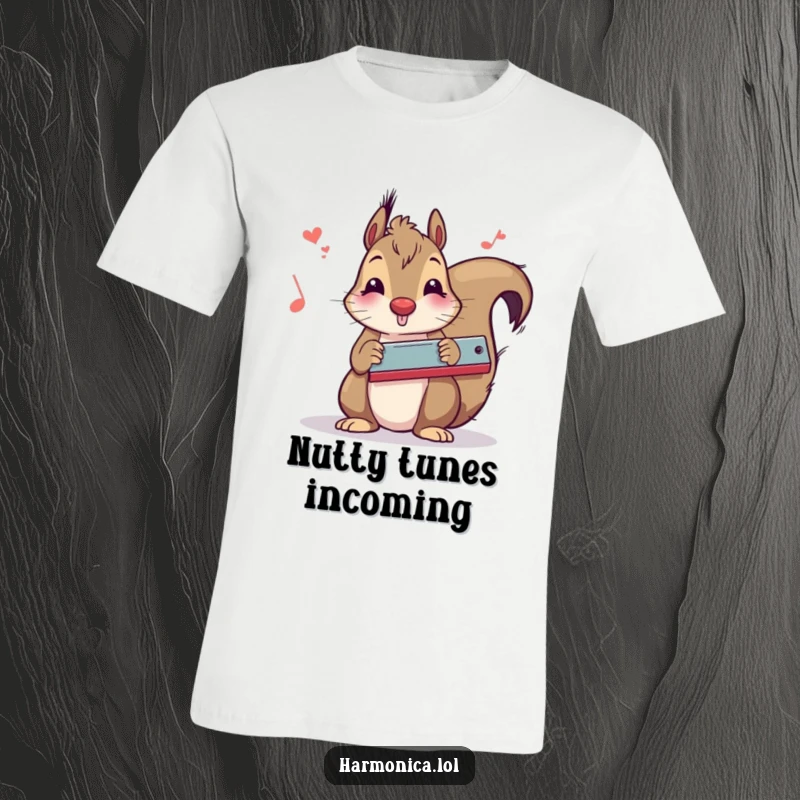 Funny squirrel t-shirt featuring a playful squirrel jamming on a harmonica, radiating musical joy and humor, ideal funny gift.